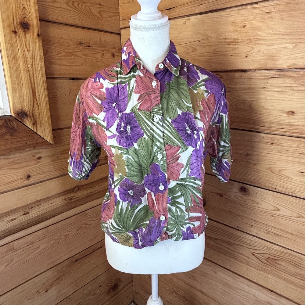 Vintage Cotton‎ Tropical Botanical Floral Short Sleeve Shirt Womens Small